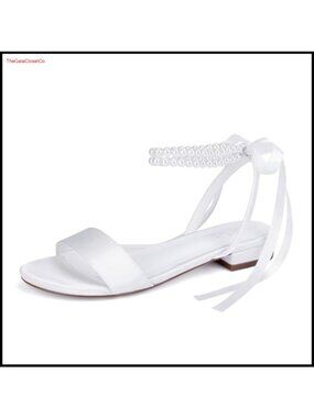 Satin Wedding Flats Pearl Ankle Strap Open Toe Bridal Shoes